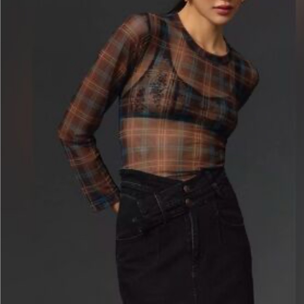 Anthropologie Porridge Plaid Long Sleeve Mesh Top M